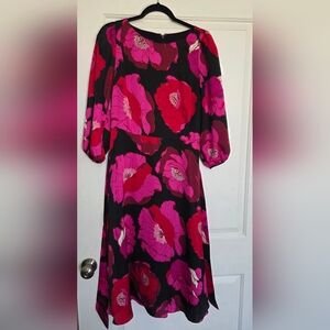 Talbots Black Midi Dress with Pink & Red Floral Print